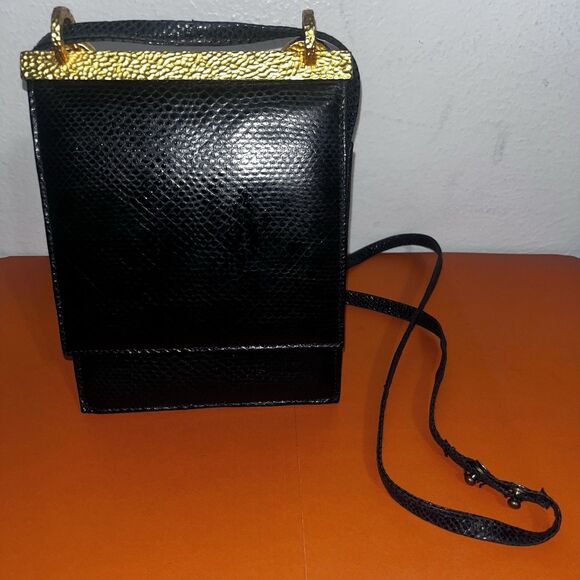 Clara Studio for Asymmetry Vtg Black Lizard Embossed Leather Bag 24K Gold Handle - Picture 12 of 16